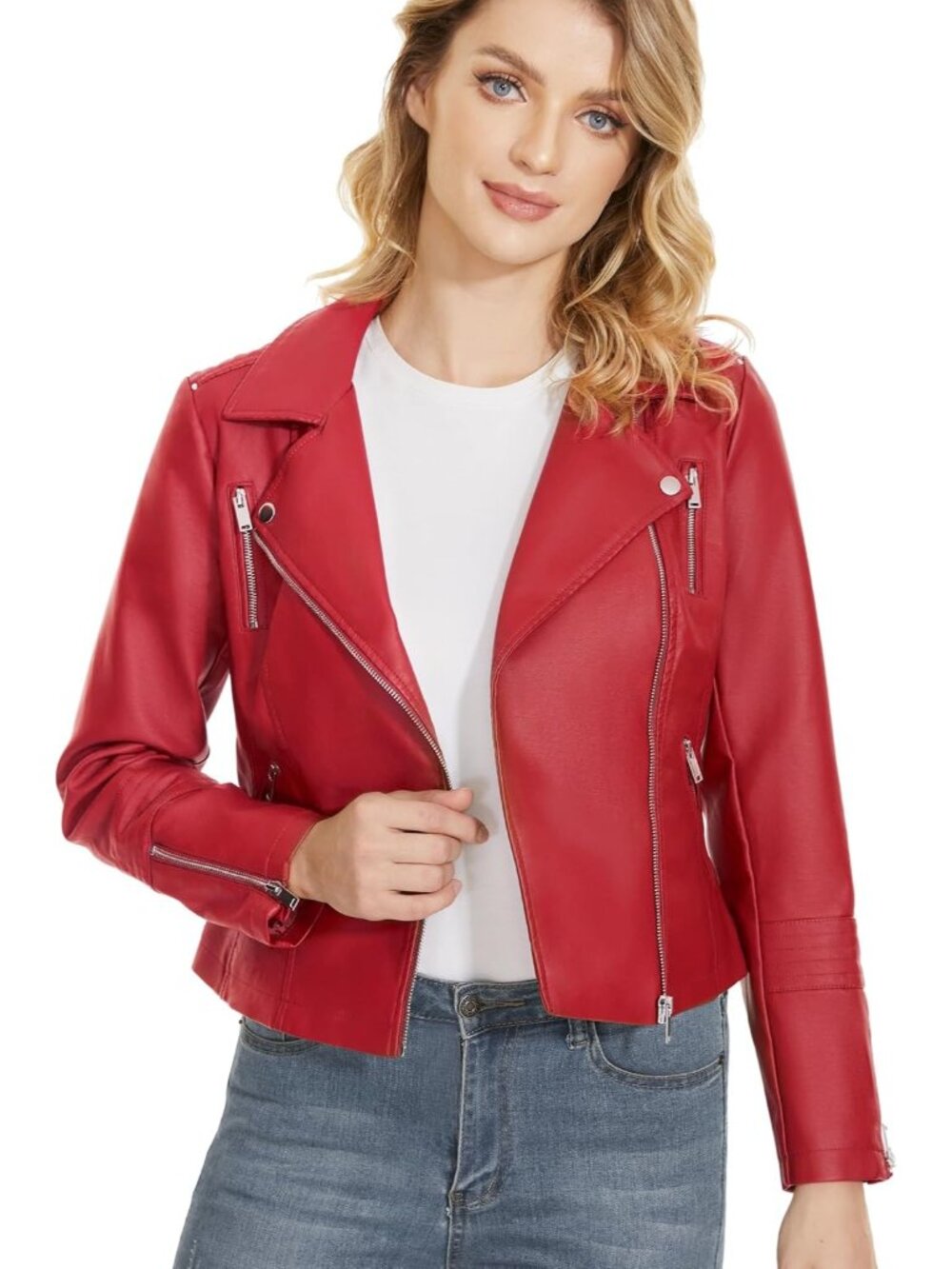 〽️Women’s Red Faux Leather Moto Biker Vegan Trench Coat Fall Motorcycle Jacket